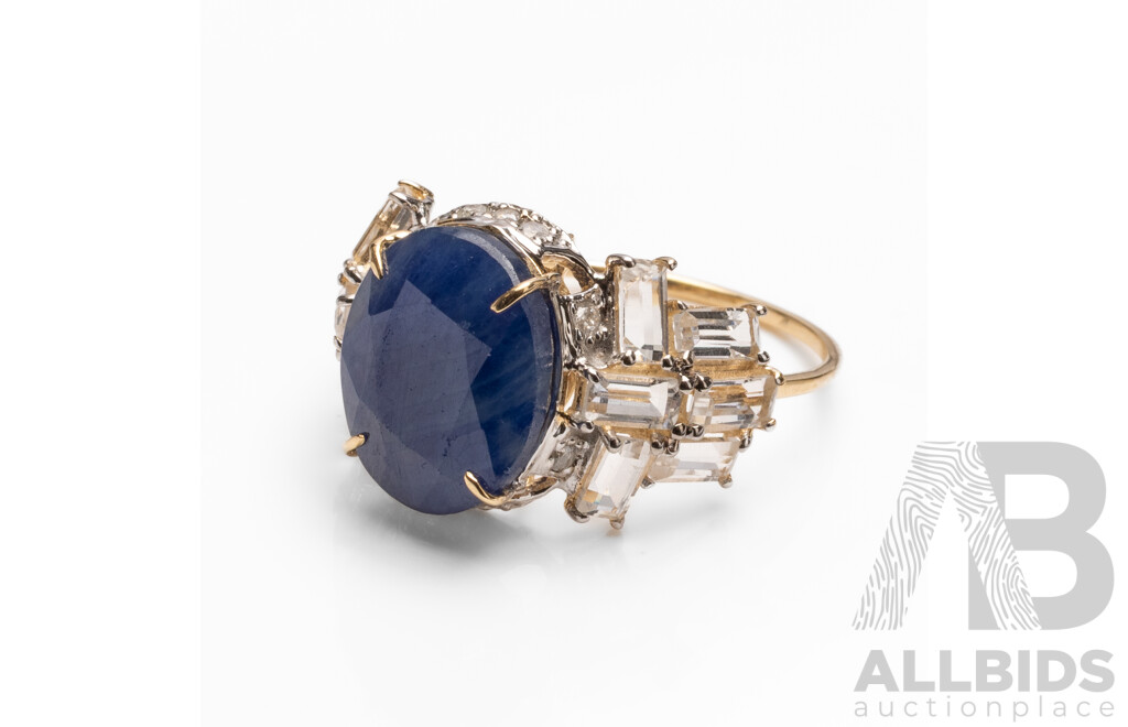 14ct Yellow Gold Natural Unheated, Untreated Sapphire / Natural White Topaz & Diamond Ring with Valuation - Size L