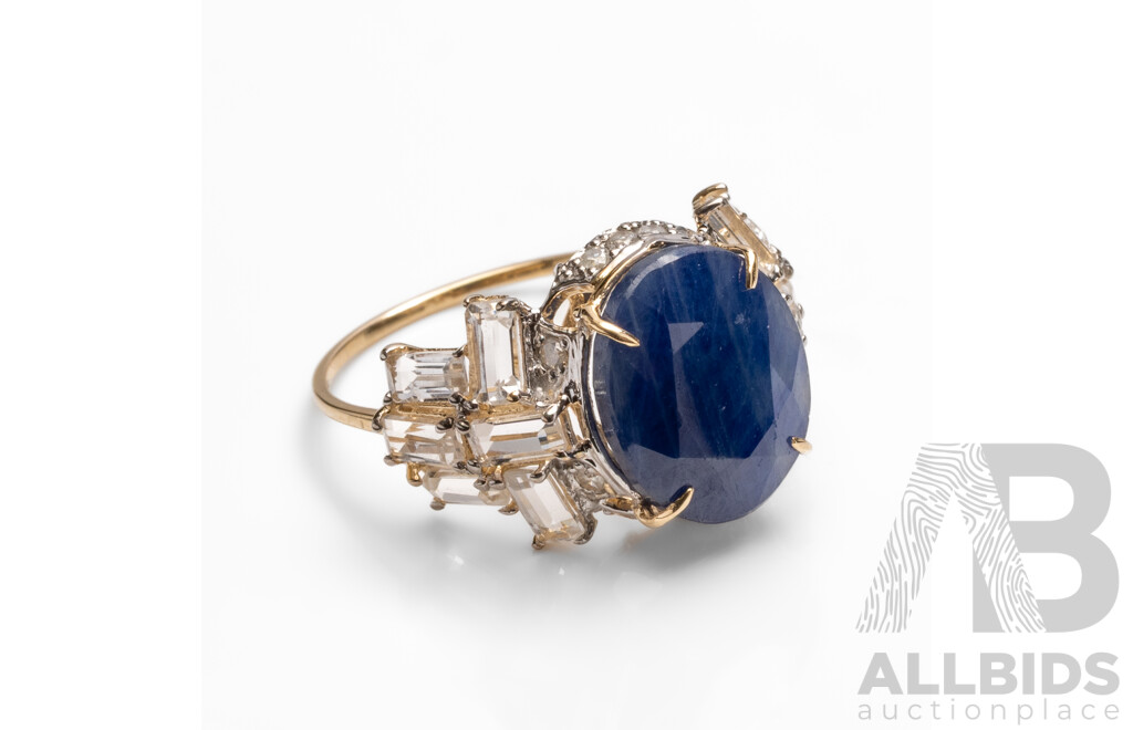 14ct Yellow Gold Natural Unheated, Untreated Sapphire / Natural White Topaz & Diamond Ring with Valuation - Size L
