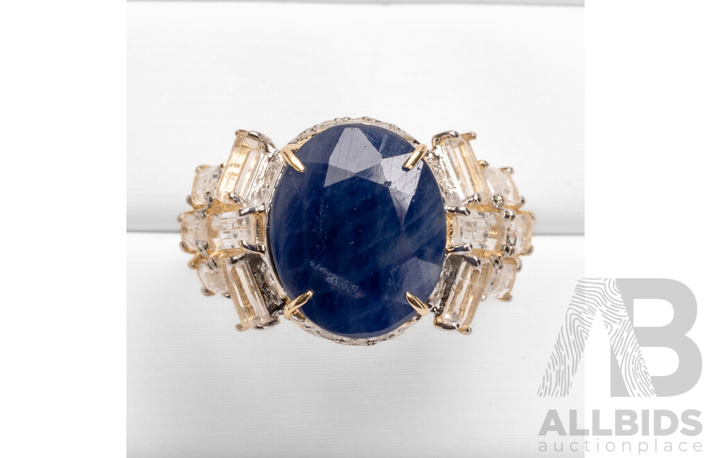 14ct Yellow Gold Natural Unheated, Untreated Sapphire / Natural White Topaz & Diamond Ring with Valuation - Size L