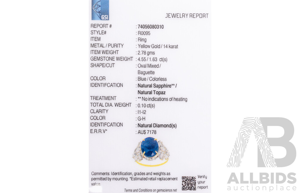 14ct Yellow Gold Natural Unheated, Untreated Sapphire / Natural White Topaz & Diamond Ring with Valuation - Size L