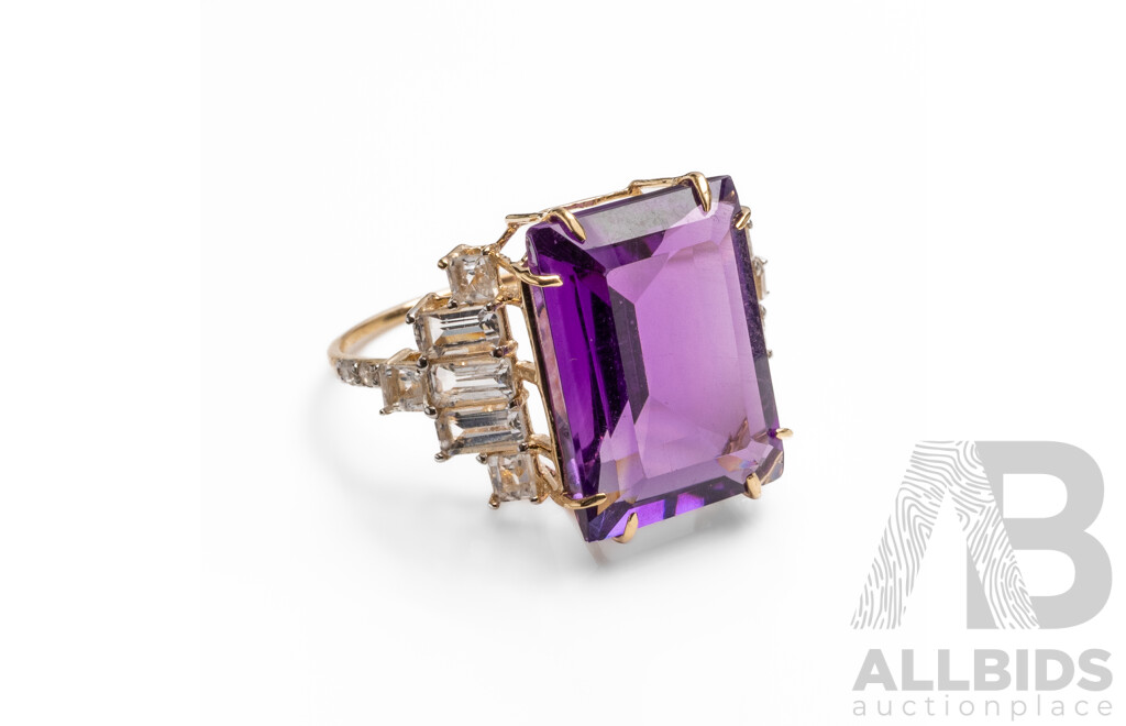 14ct Yellow Gold Natural Amethyst / Natural White Topaz & Diamond Ring with Valuation - Size N.5