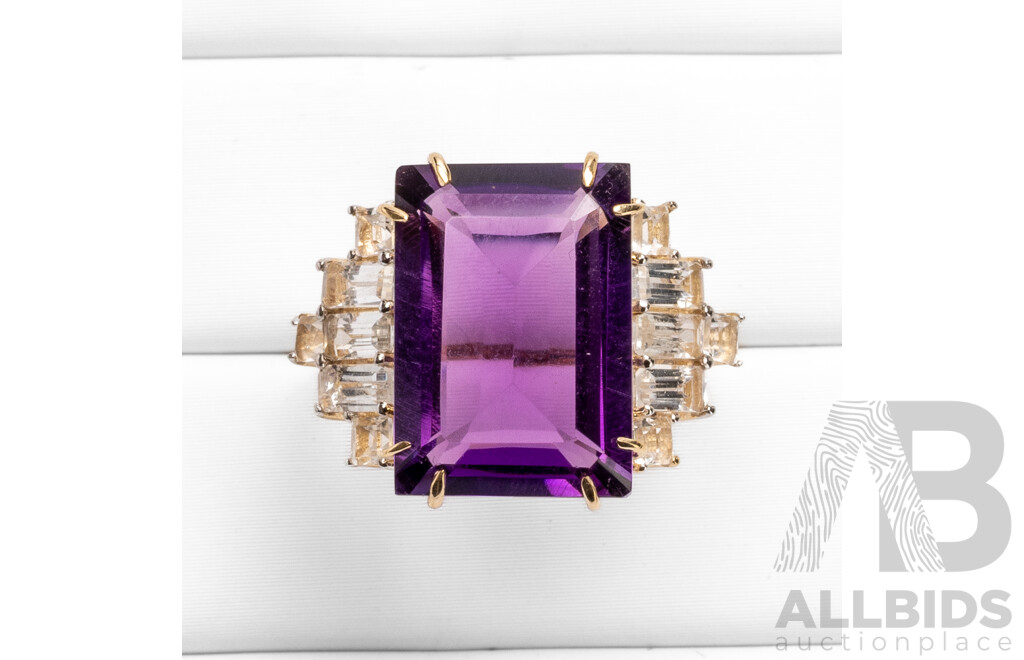 14ct Yellow Gold Natural Amethyst / Natural White Topaz & Diamond Ring with Valuation - Size N.5