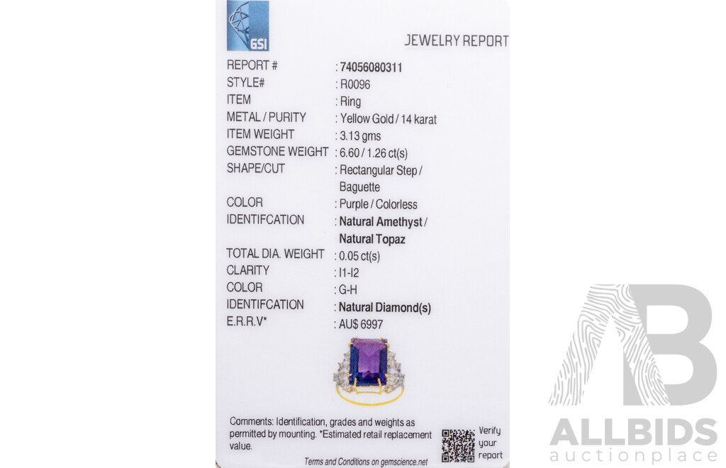 14ct Yellow Gold Natural Amethyst / Natural White Topaz & Diamond Ring with Valuation - Size N.5