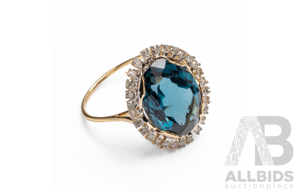 14ct Yellow Gold Natural London Blue Topaz & Diamond Ring with Valuation - Size O