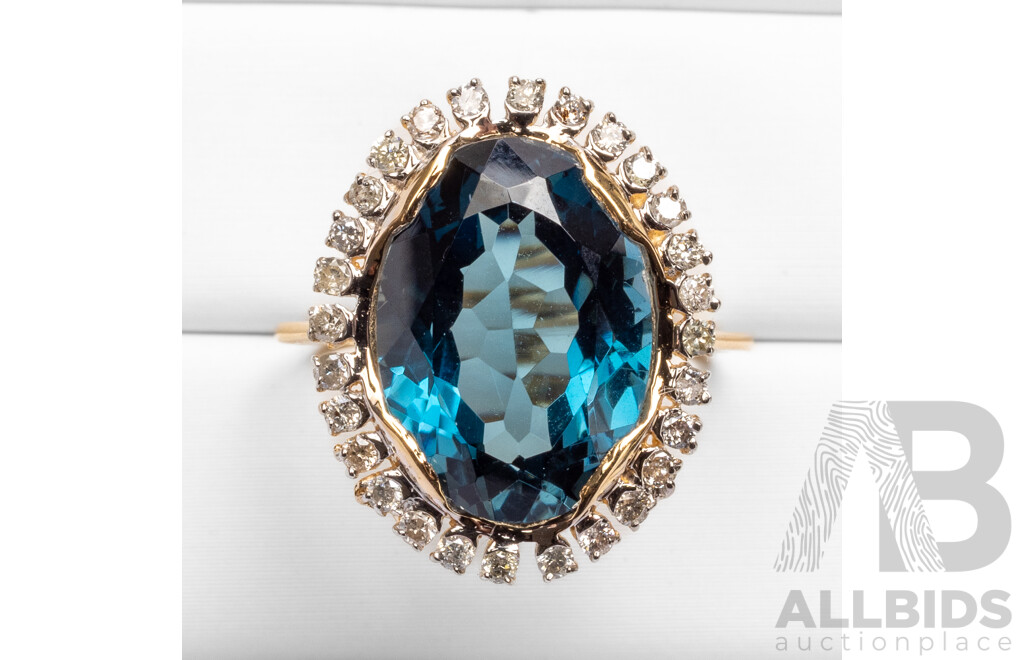 14ct Yellow Gold Natural London Blue Topaz & Diamond Ring with Valuation - Size O