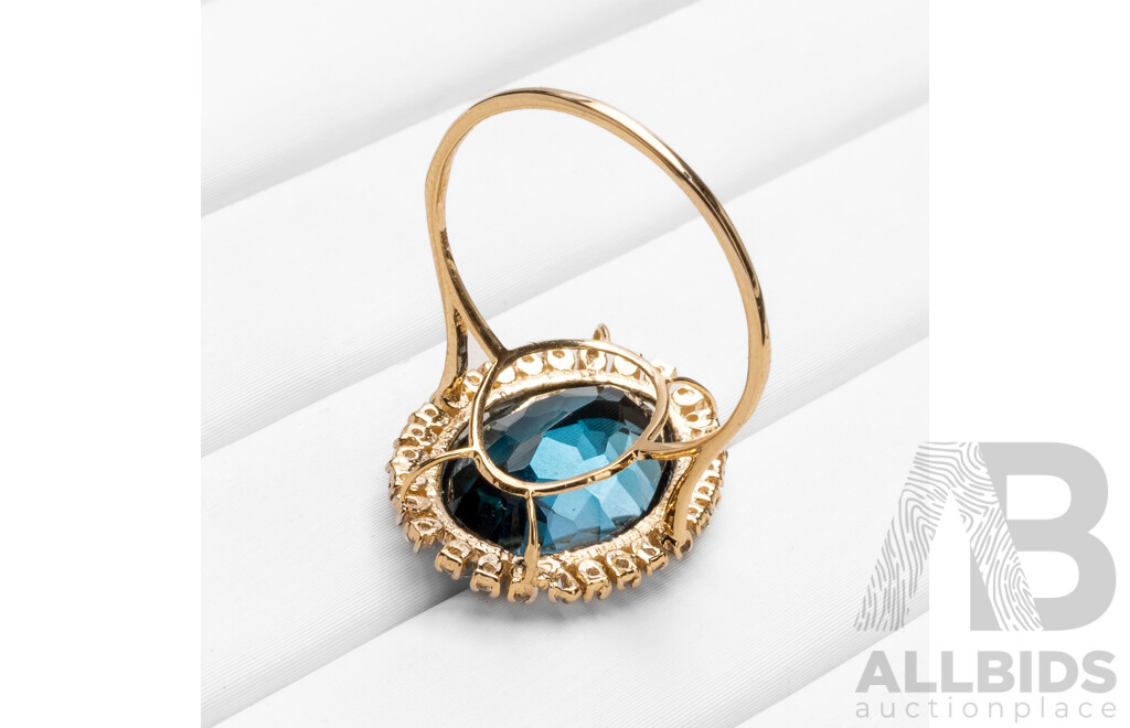 14ct Yellow Gold Natural London Blue Topaz & Diamond Ring with Valuation - Size O