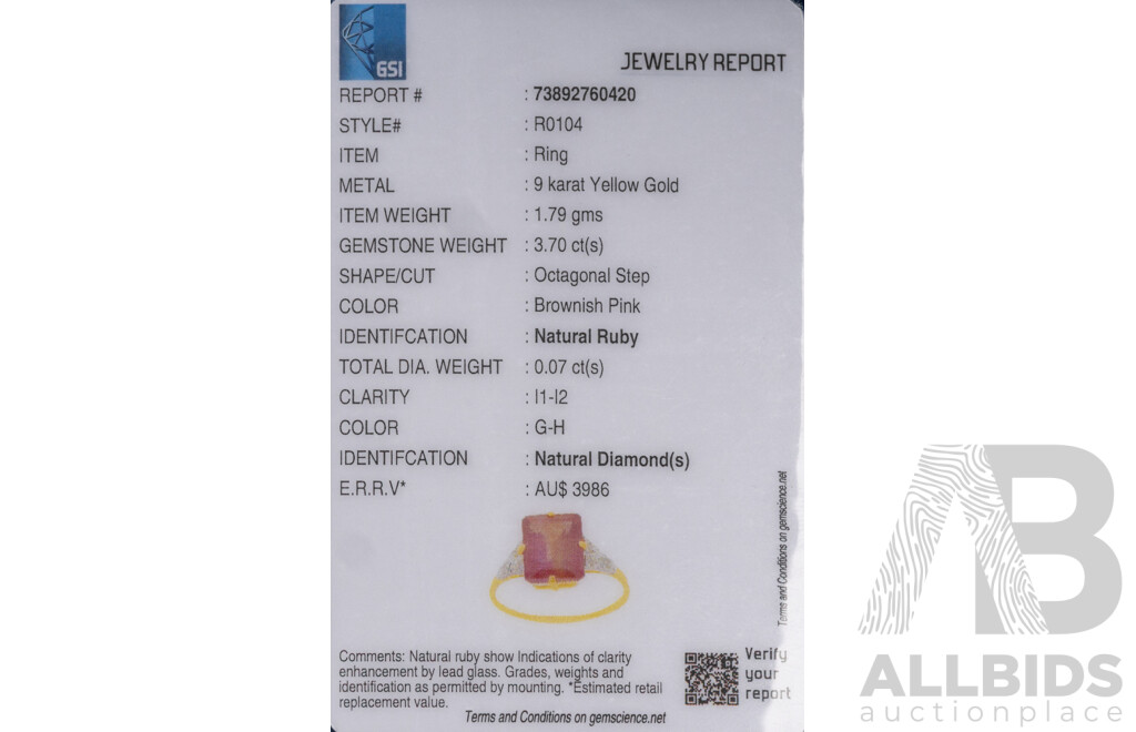 9ct Yellow Gold Natural Ruby & Diamond Ring with Valuation - Size L.5