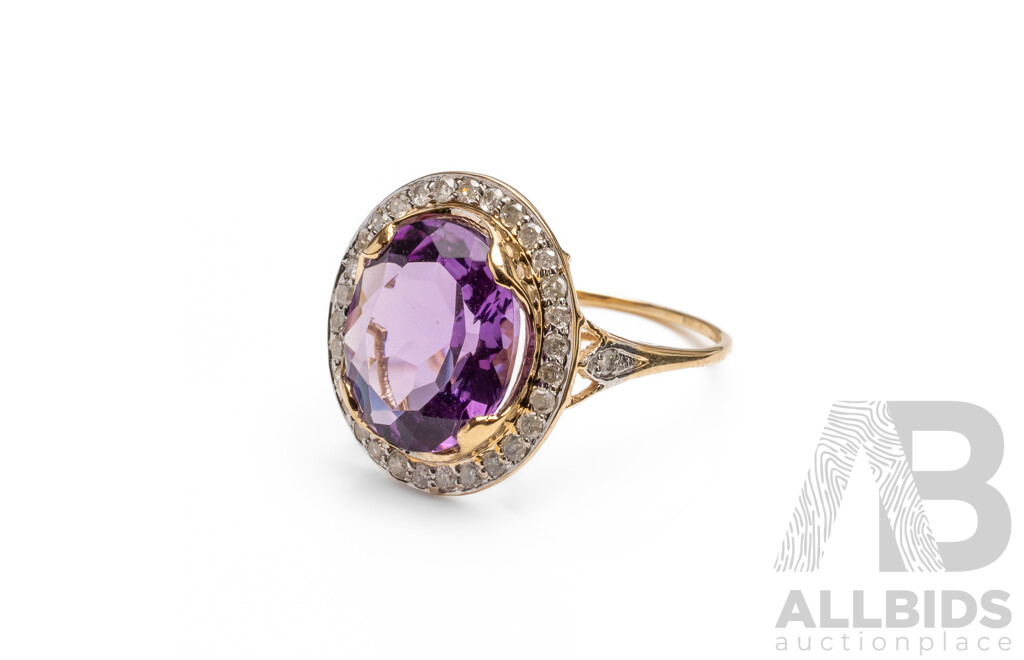 14ct Yellow Gold Natural Amethyst & Diamond Ring with Valuation - Size N.5