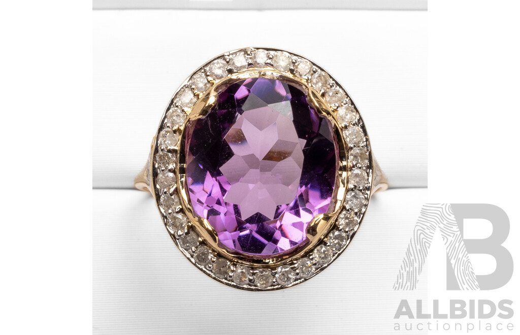 14ct Yellow Gold Natural Amethyst & Diamond Ring with Valuation - Size N.5