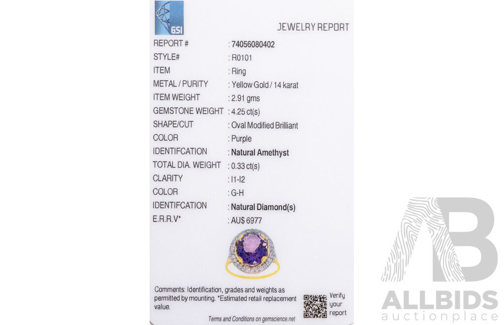 14ct Yellow Gold Natural Amethyst & Diamond Ring with Valuation - Size N.5