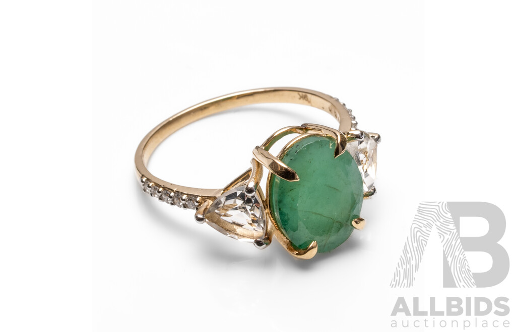 9ct Yellow Gold Natural Emerald / Natural White Topaz & Diamond Ring with IGI Valuation - Size N.5