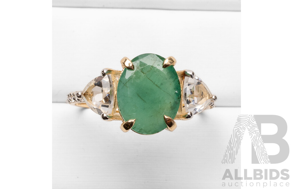 9ct Yellow Gold Natural Emerald / Natural White Topaz & Diamond Ring with IGI Valuation - Size N.5