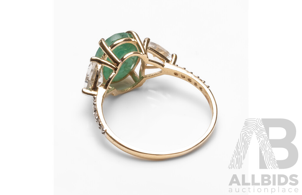 9ct Yellow Gold Natural Emerald / Natural White Topaz & Diamond Ring with IGI Valuation - Size N.5