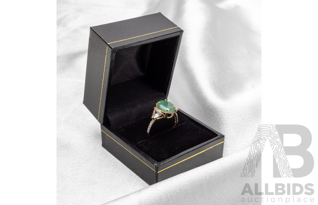 9ct Yellow Gold Natural Emerald / Natural White Topaz & Diamond Ring with IGI Valuation - Size N.5