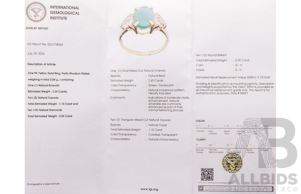 9ct Yellow Gold Natural Emerald / Natural White Topaz & Diamond Ring with IGI Valuation - Size N.5