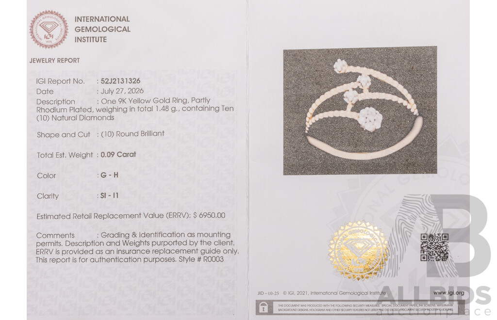 9ct Yellow Gold Natural Diamond Ring with IGI Valuation - Size N.5