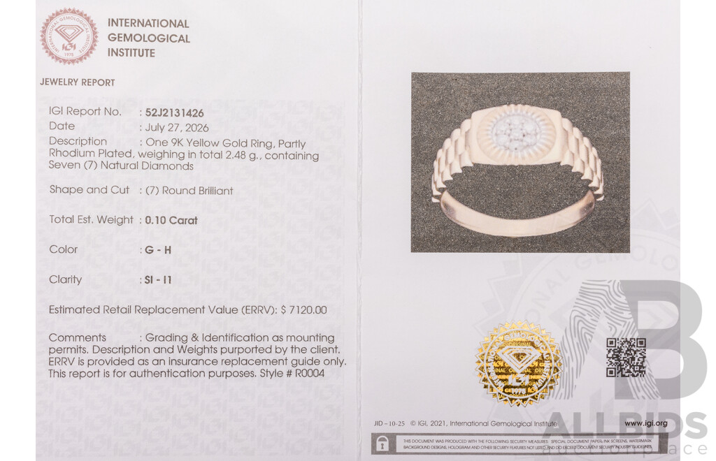 9ct Yellow Gold Natural Diamond Ring with IGI Valuation - Size N.5