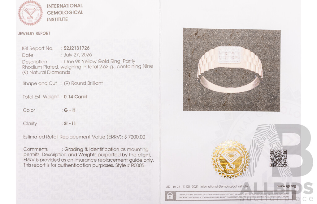 9ct Yellow Gold Natural Diamond Ring with IGI Valuation - Size N.5