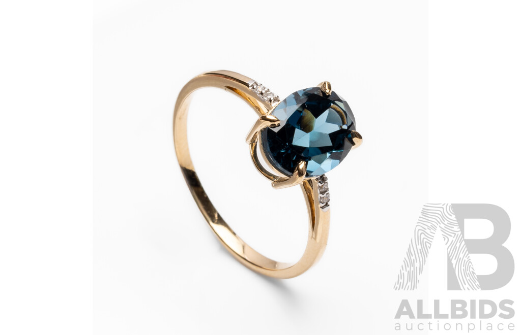 Yellow Gold Natural London Blue Topaz & Diamond Ring with IGI Valuation - Size N.5