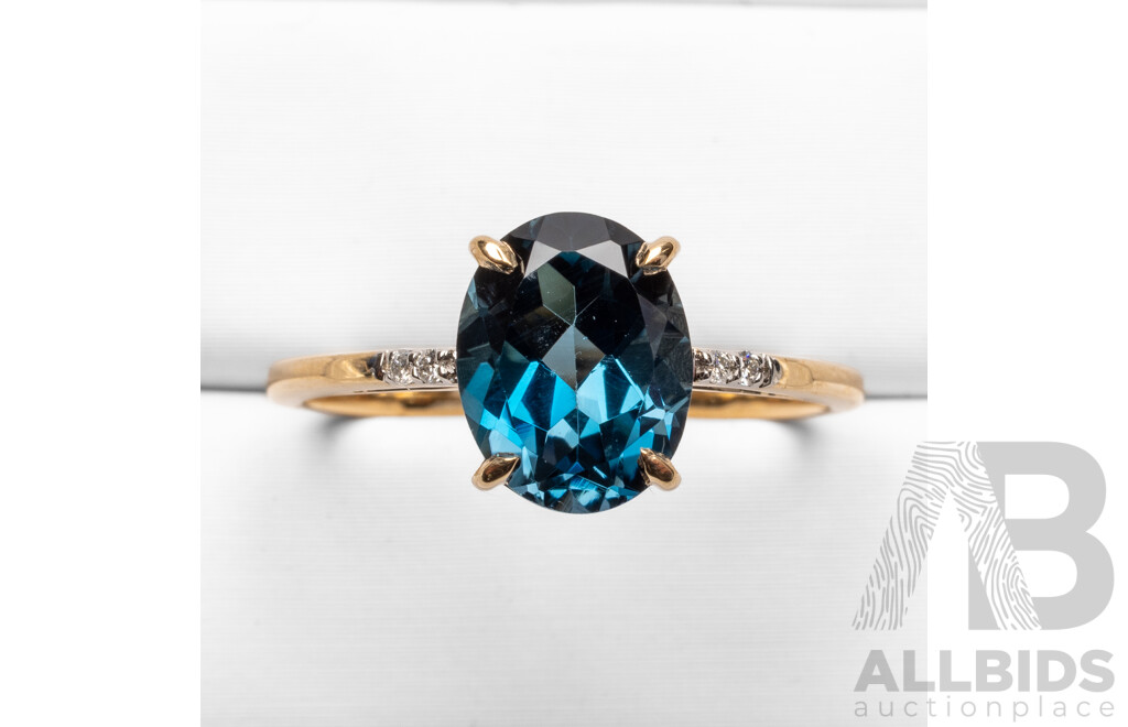 Yellow Gold Natural London Blue Topaz & Diamond Ring with IGI Valuation - Size N.5