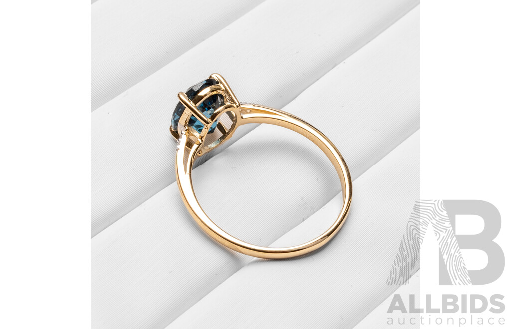 Yellow Gold Natural London Blue Topaz & Diamond Ring with IGI Valuation - Size N.5