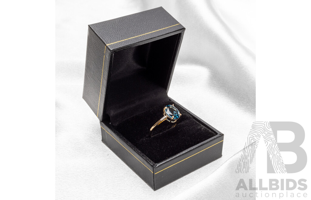 Yellow Gold Natural London Blue Topaz & Diamond Ring with IGI Valuation - Size N.5