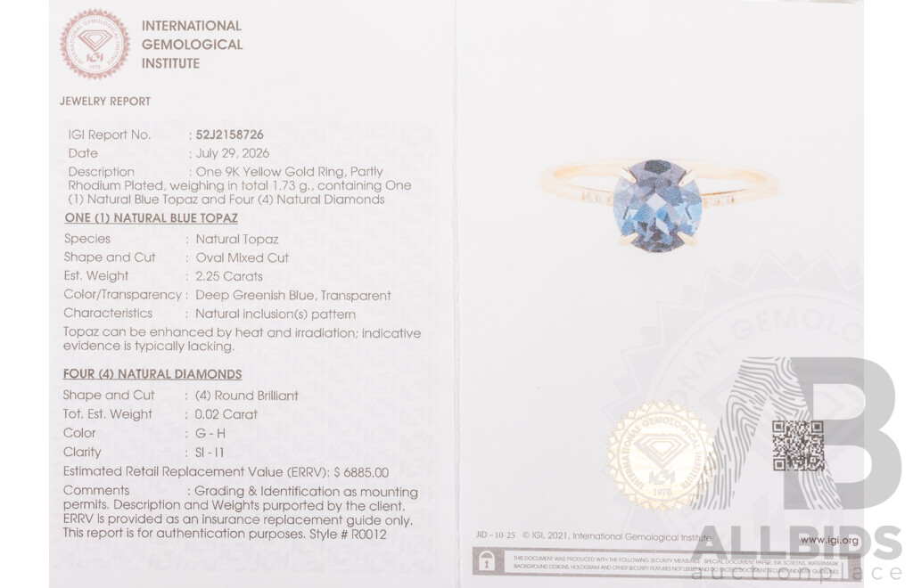 Yellow Gold Natural London Blue Topaz & Diamond Ring with IGI Valuation - Size N.5