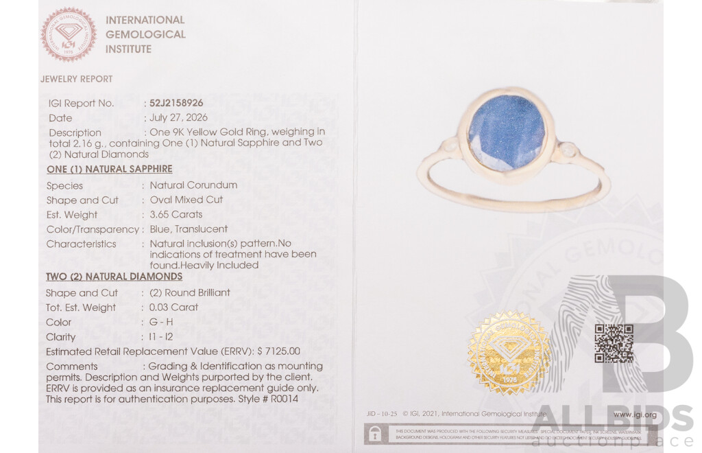9ct Yellow Gold Natural Sapphire & Diamond Ring with IGI Valuation - Size N.5