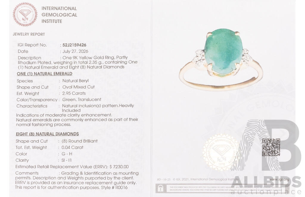 9ct Yellow Gold Natural Emerald & Diamond Ring with IGI Valuation - Size N