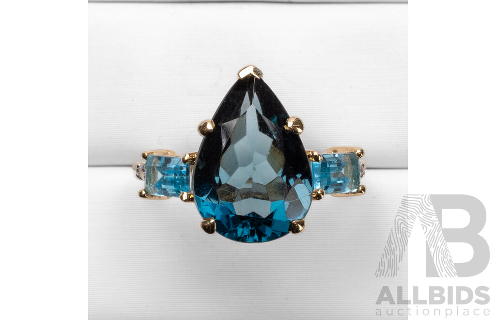 9ct Yellow Gold Natural London Blue Topaz/Natural Blue Topaz & Diamond Ring with IGI Valuation - Size N