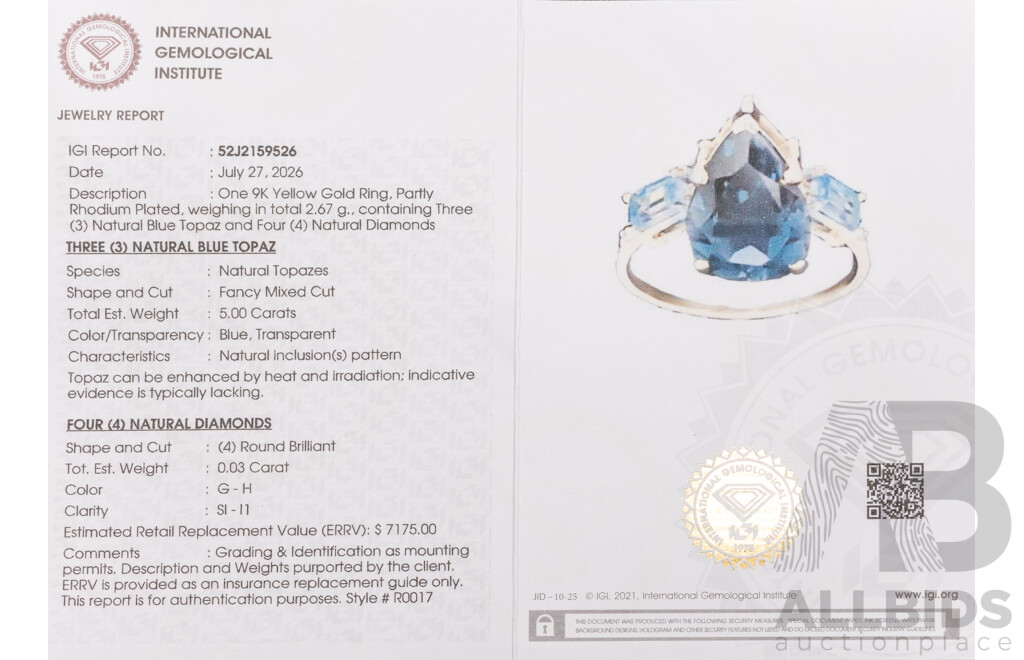 9ct Yellow Gold Natural London Blue Topaz/Natural Blue Topaz & Diamond Ring with IGI Valuation - Size N