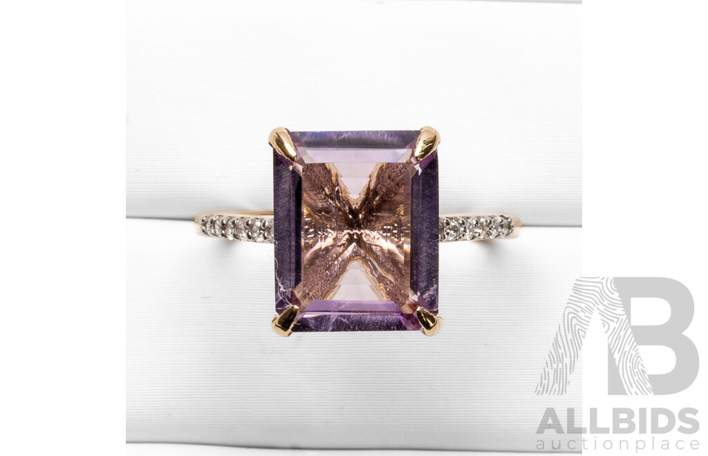 9ct Yellow Gold Natural Amethyst & Diamond Ring with IGI Valuation - Size N