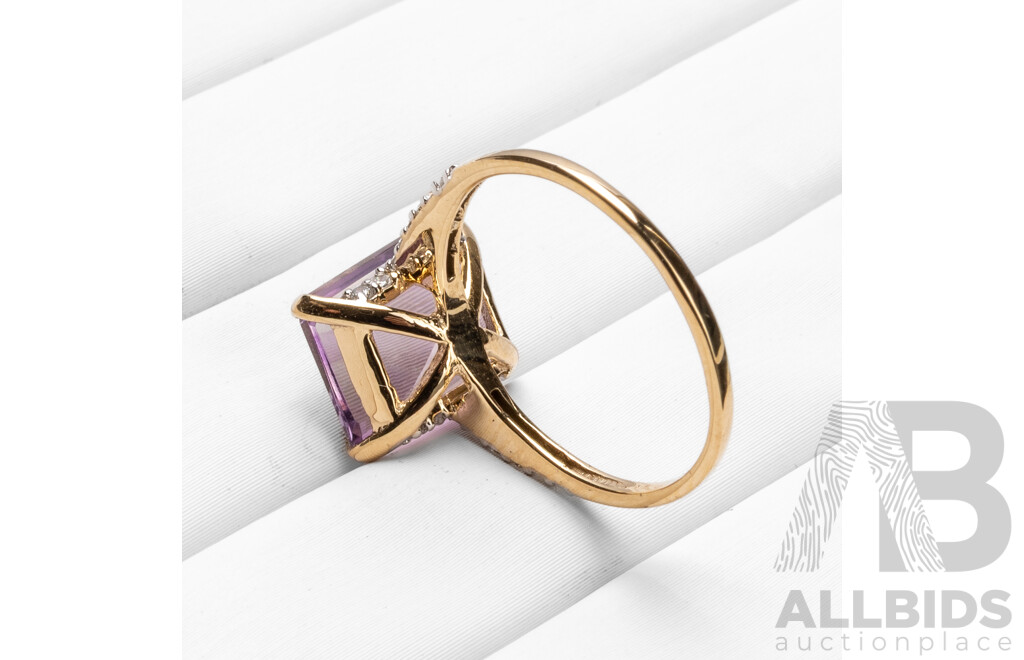 9ct Yellow Gold Natural Amethyst & Diamond Ring with IGI Valuation - Size N