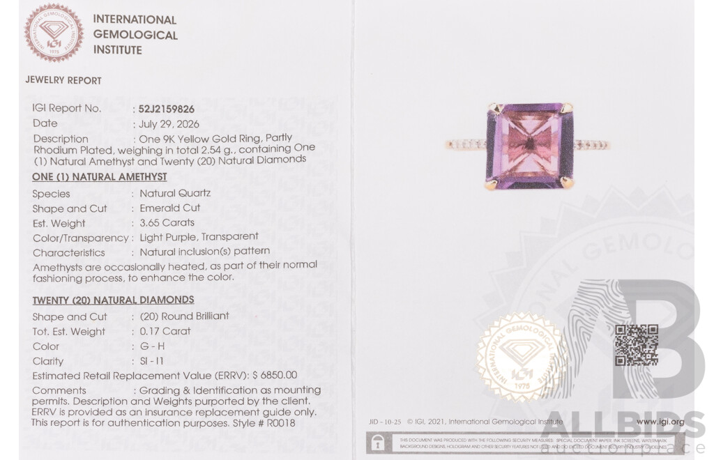 9ct Yellow Gold Natural Amethyst & Diamond Ring with IGI Valuation - Size N