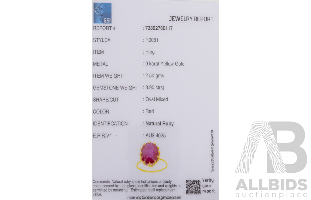 9ct Yellow Gold Natural Ruby Ring with Valuation - Size L.5