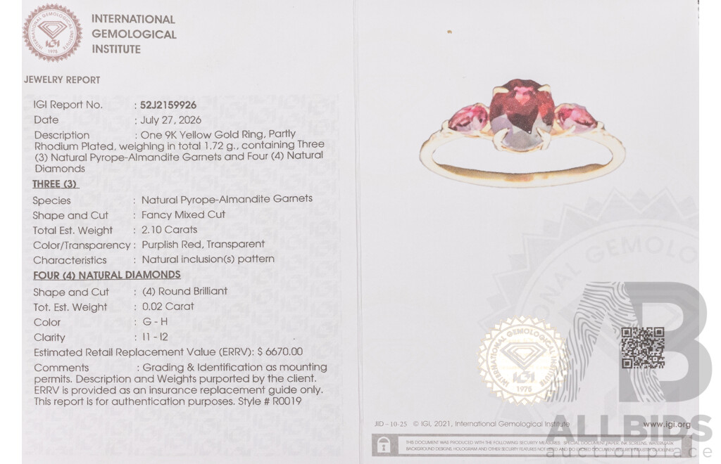 9ct Yellow Gold Natural Garnet/Natural Garnet & Diamond Ring with IGI Valuation - Size N.5