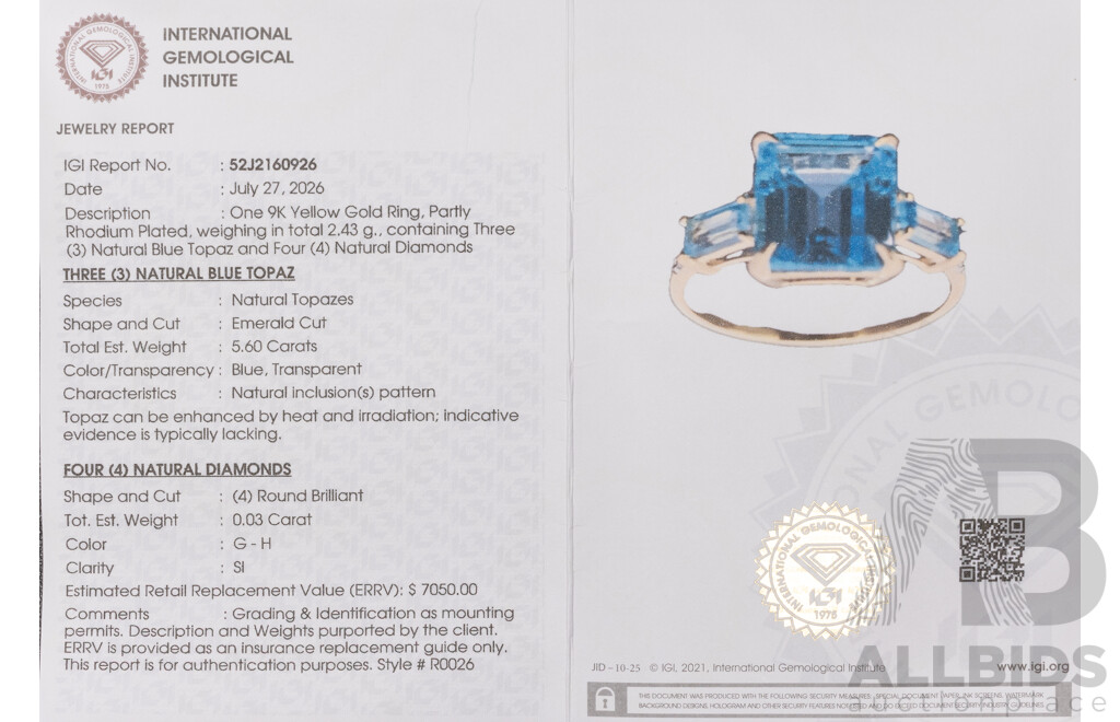 9ct Yellow Gold Natural Swiss Blue Topaz/Natural Blue Topaz & Diamond Ring with IGI Valuation - Size N.5