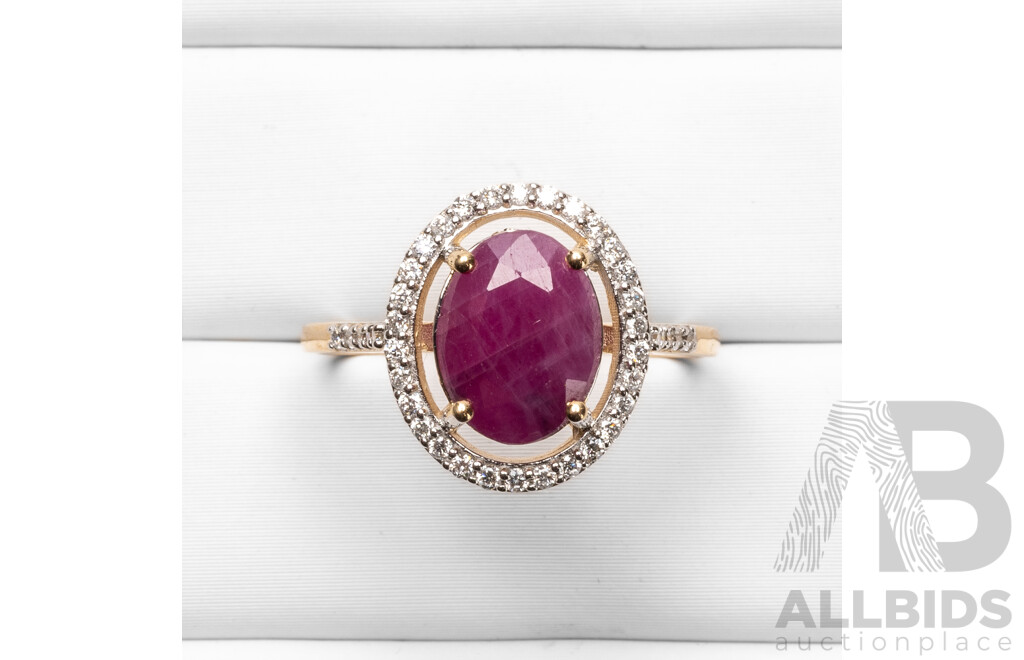 9ct Yellow Gold Natural Ruby & Diamond Ring with IGI Valuation - Size N