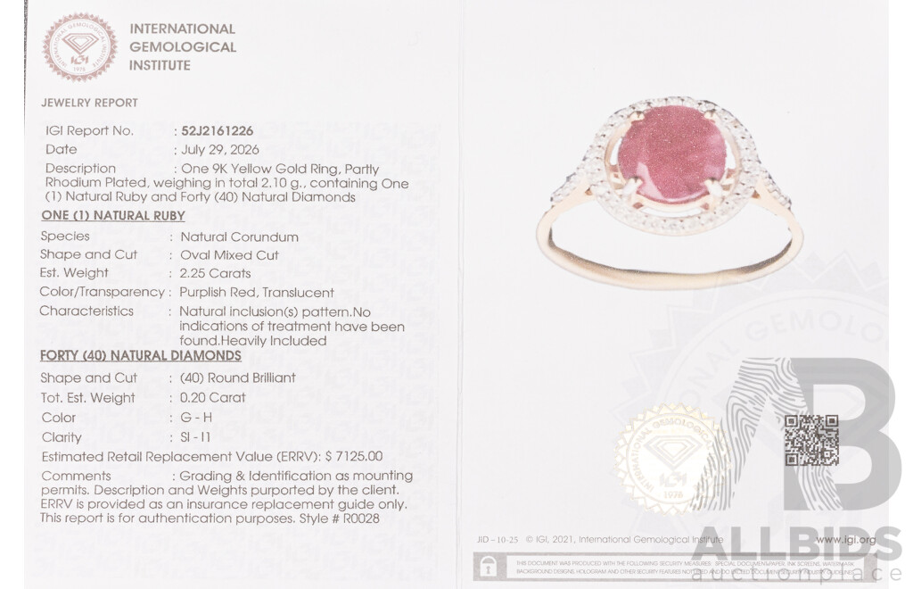 9ct Yellow Gold Natural Ruby & Diamond Ring with IGI Valuation - Size N