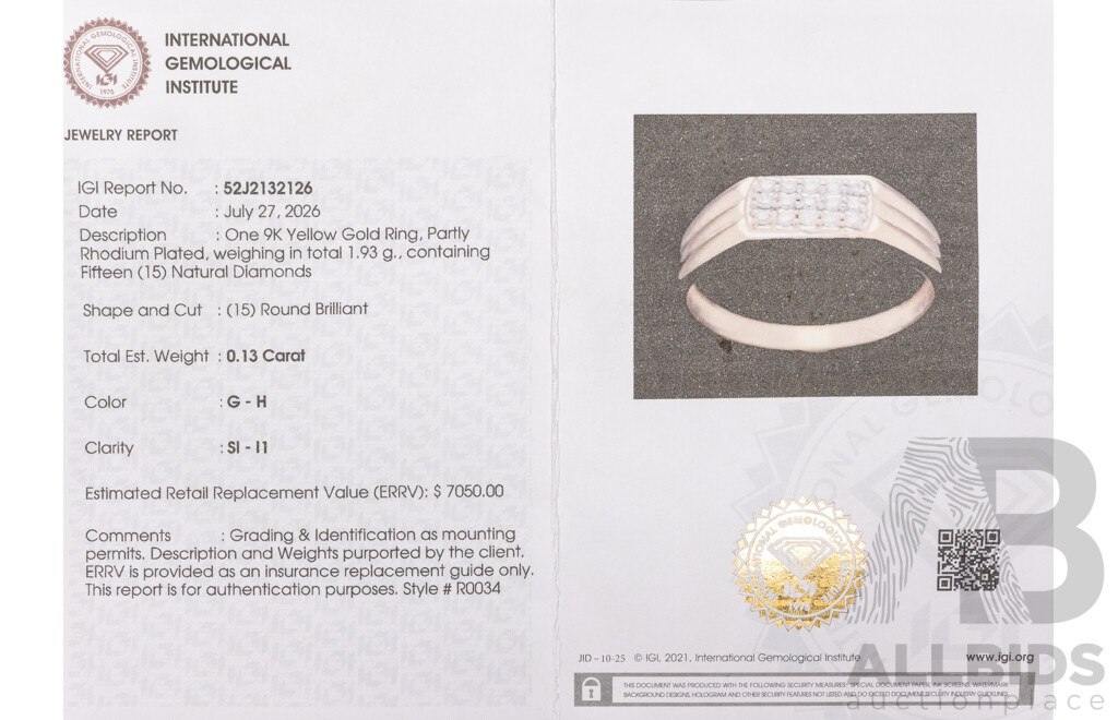 9ct Yellow Gold Natural Diamond Ring with IGI Valuation - Size N.5