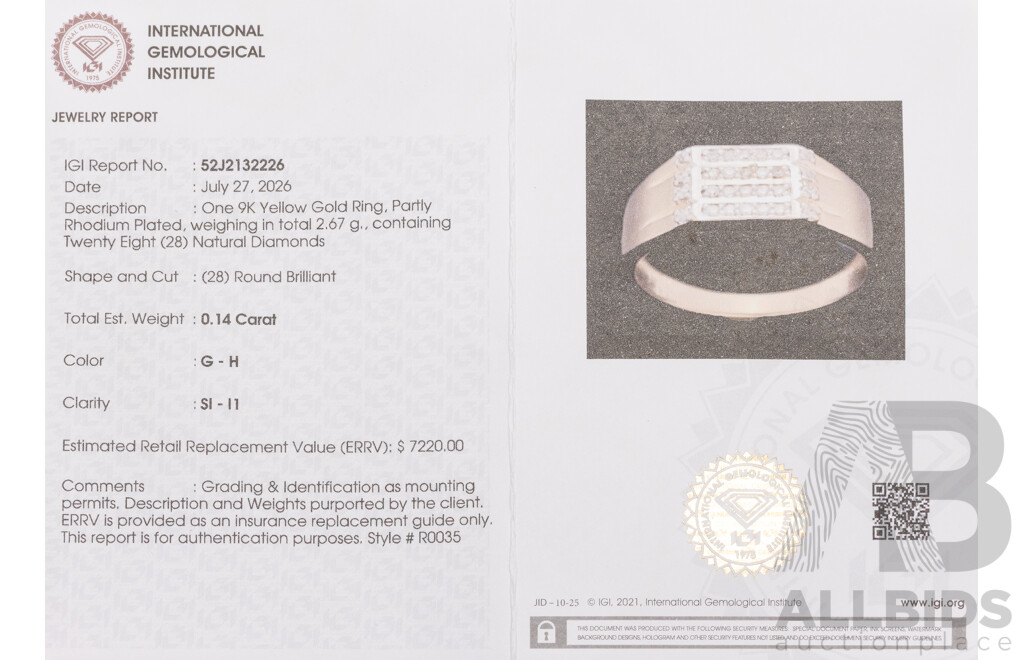 9ct Yellow Gold Natural Diamond Ring with IGI Valuation - Size N