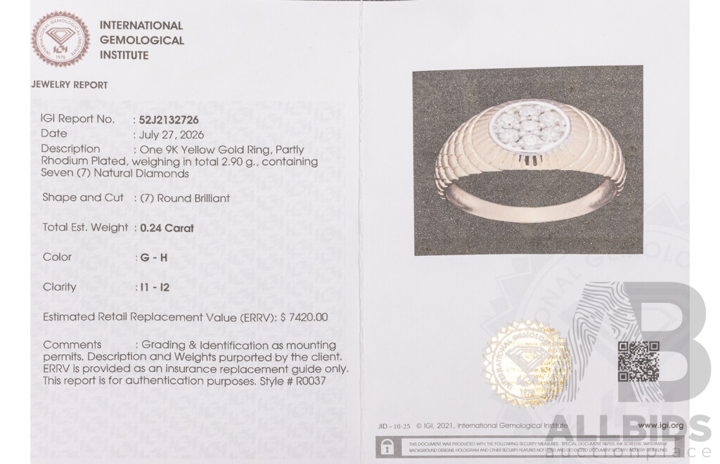 9ct Yellow Gold Natural Diamond Ring with IGI Valuation - Size N
