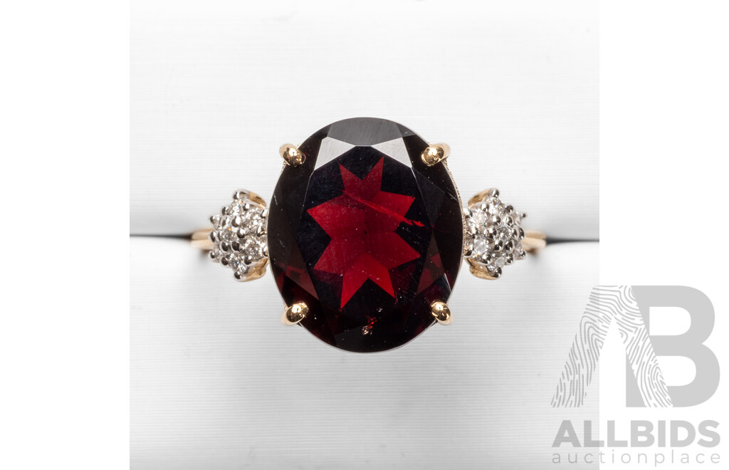 9ct Yellow Gold Natural Garnet & Diamond Ring with IGI Valuation - Size P