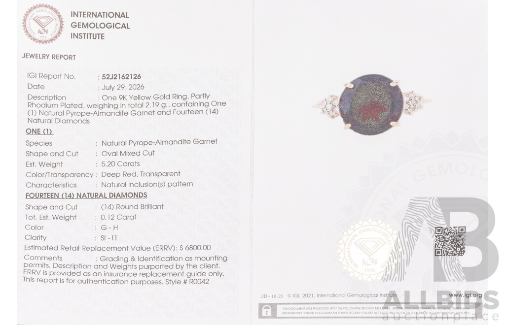 9ct Yellow Gold Natural Garnet & Diamond Ring with IGI Valuation - Size P