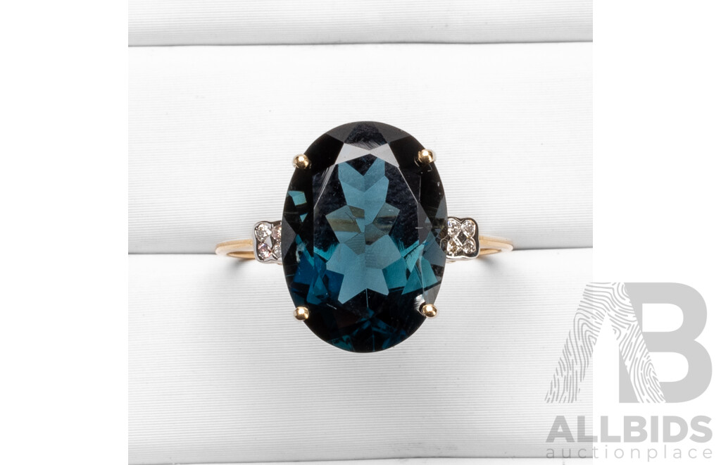9ct Yellow Gold Natural London Blue Topaz & Diamond Ring with IGI Valuation - Size O