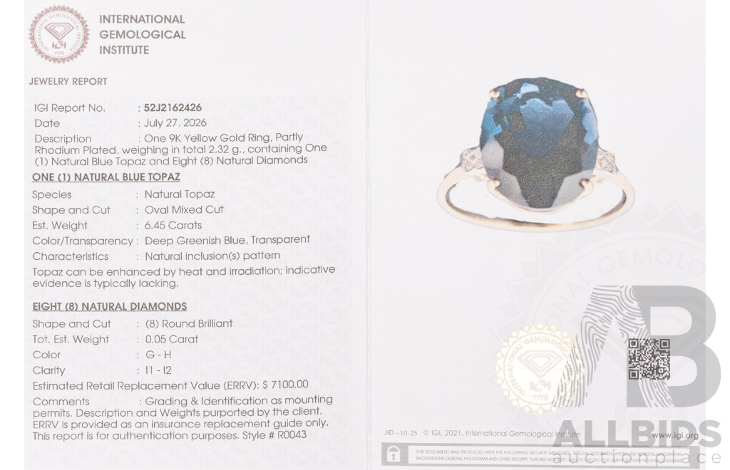 9ct Yellow Gold Natural London Blue Topaz & Diamond Ring with IGI Valuation - Size O