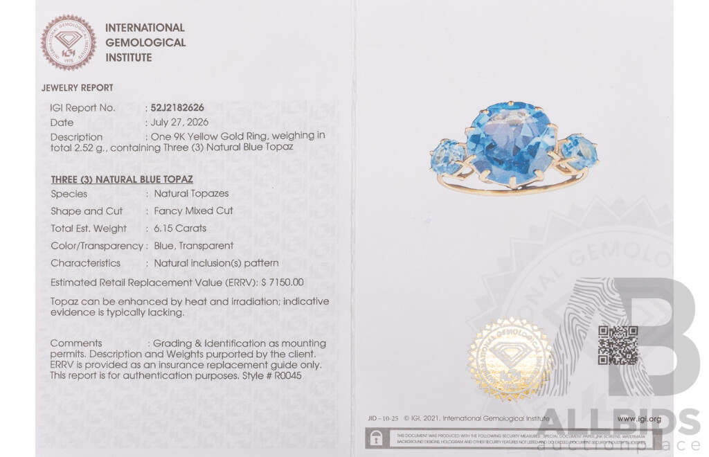 9ct Yellow Gold Natural Swiss Blue Topaz Ring with IGI Valuation - Size O