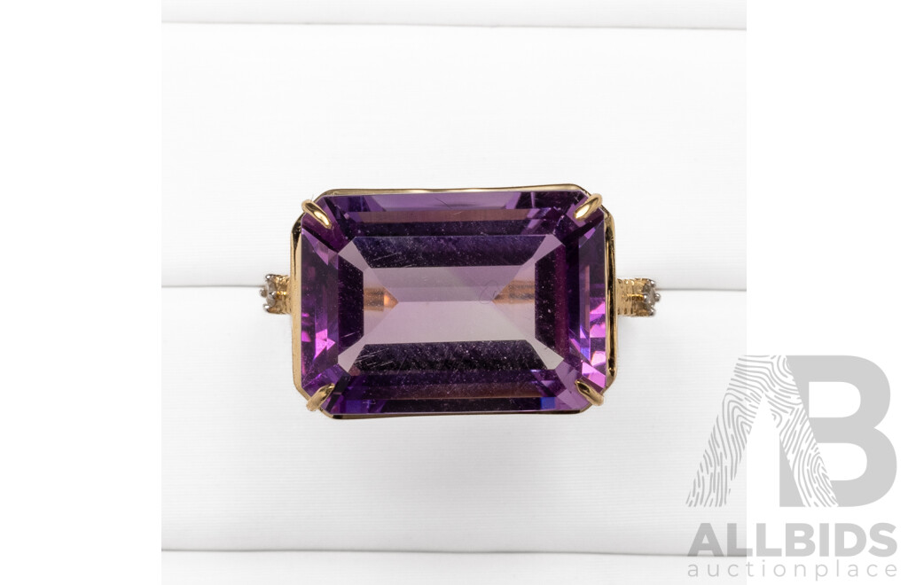 9ct Yellow Gold Natural Amethyst & Diamond Ring with Valuation - Size N.5