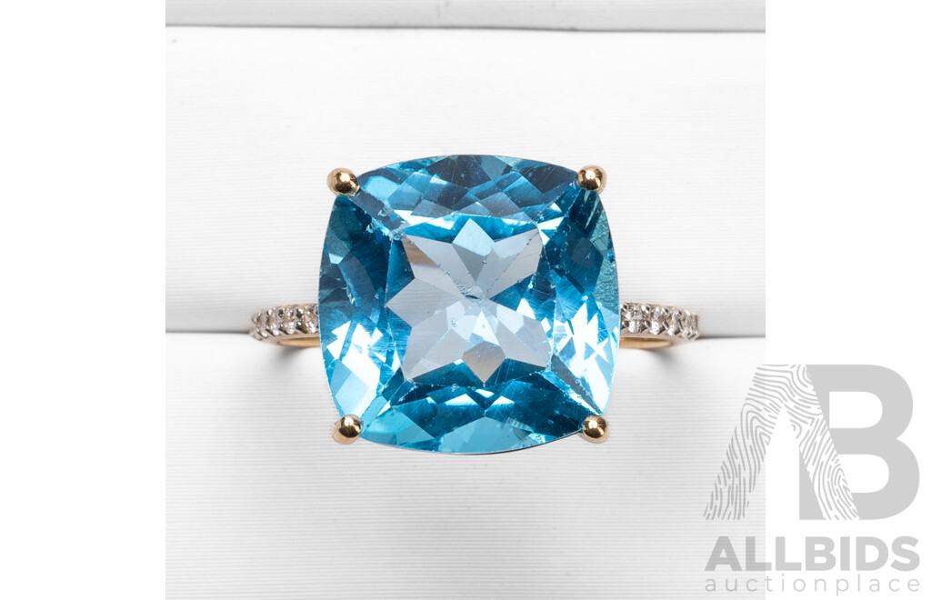 9ct Yellow Gold Natural Swiss Blue Topaz & Diamond Ring with IGI Valuation - Size O