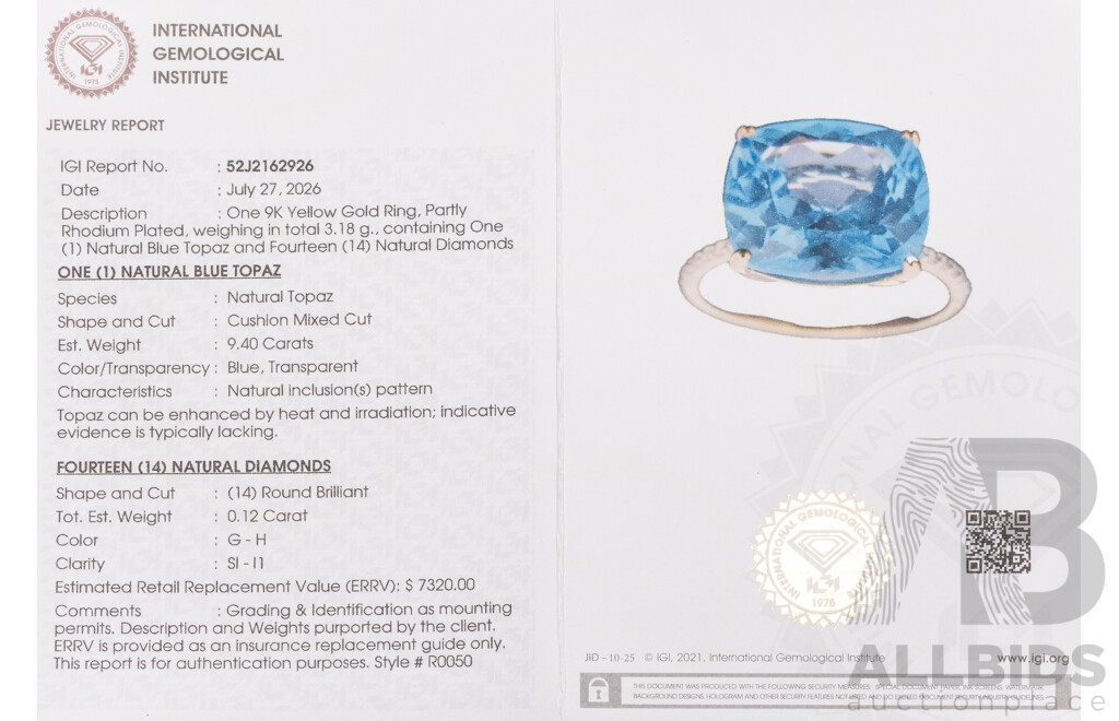 9ct Yellow Gold Natural Swiss Blue Topaz & Diamond Ring with IGI Valuation -  Size O